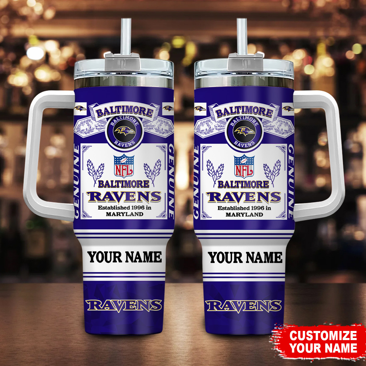 Personalized Baltimore Ravens Tumbler Mug with Handle - Custom Name NFL Gift