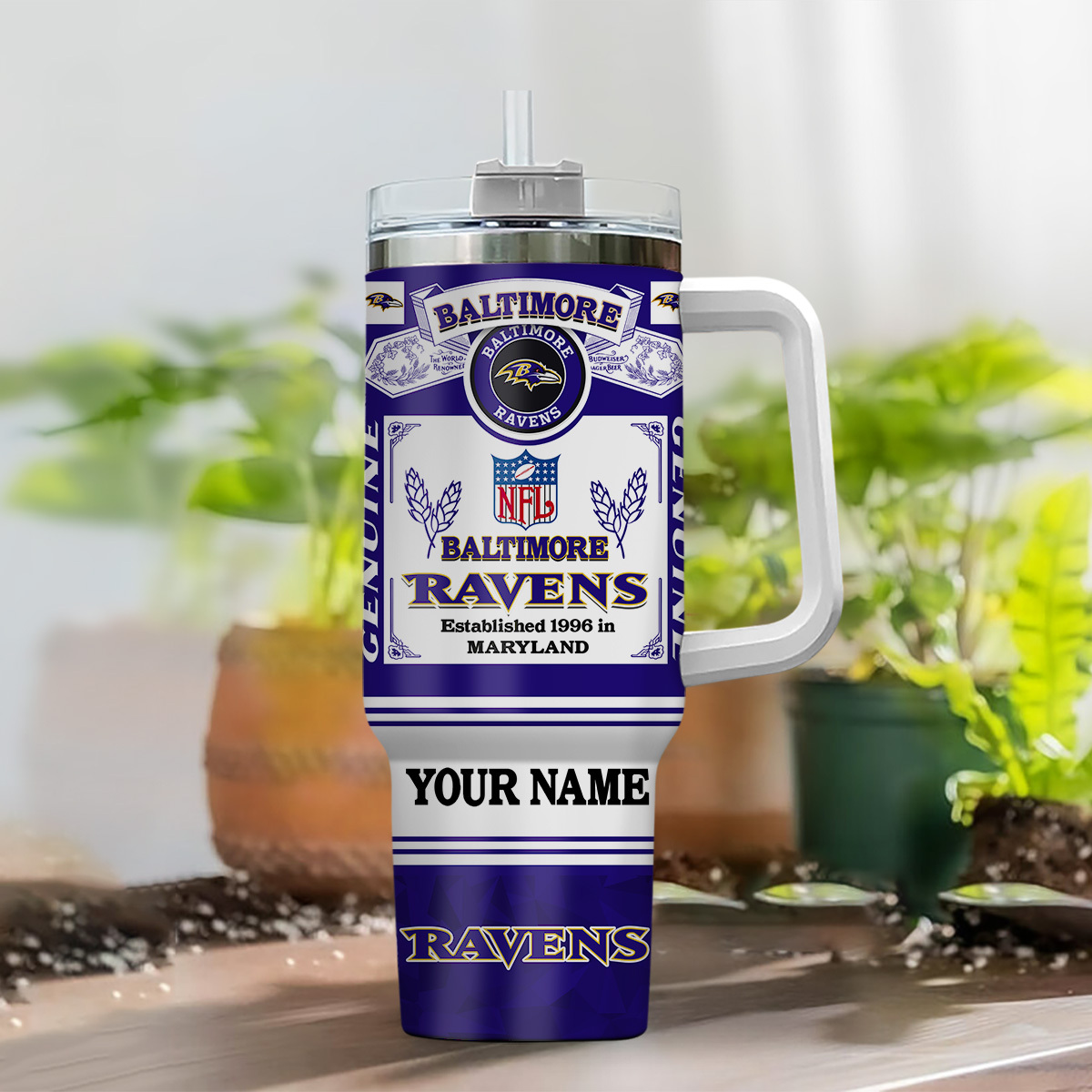 Personalized Baltimore Ravens Tumbler Mug with Handle - Custom Name NFL Gift - Image 2