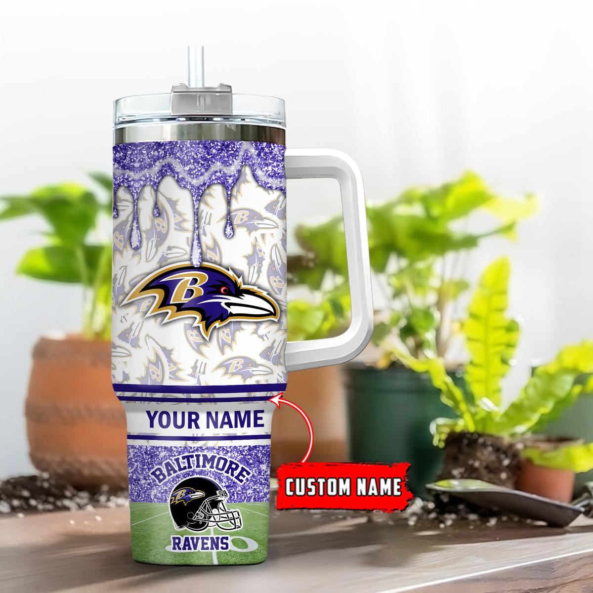 Customizable Baltimore Ravens Glitter Tumbler with Handle - Perfect Gift for Fans