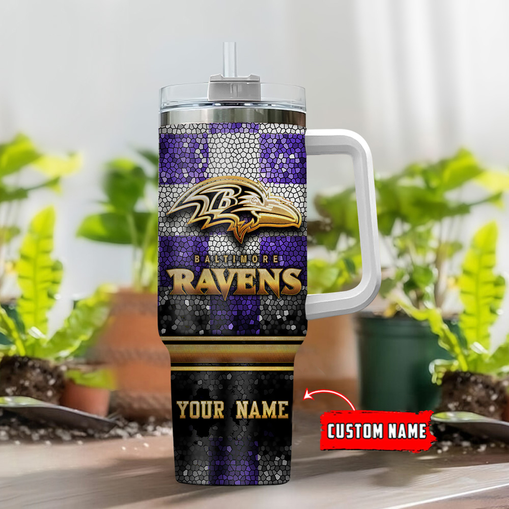 Custom Name Baltimore Ravens Tumbler - Personalized NFL Fan Gift with Handle & Straw - Image 2