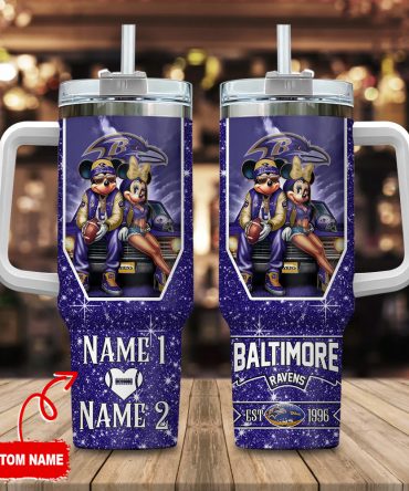 Custom NFL Fan Tumbler with Handle - Personalized Baltimore Ravens Mickey & Minnie Design