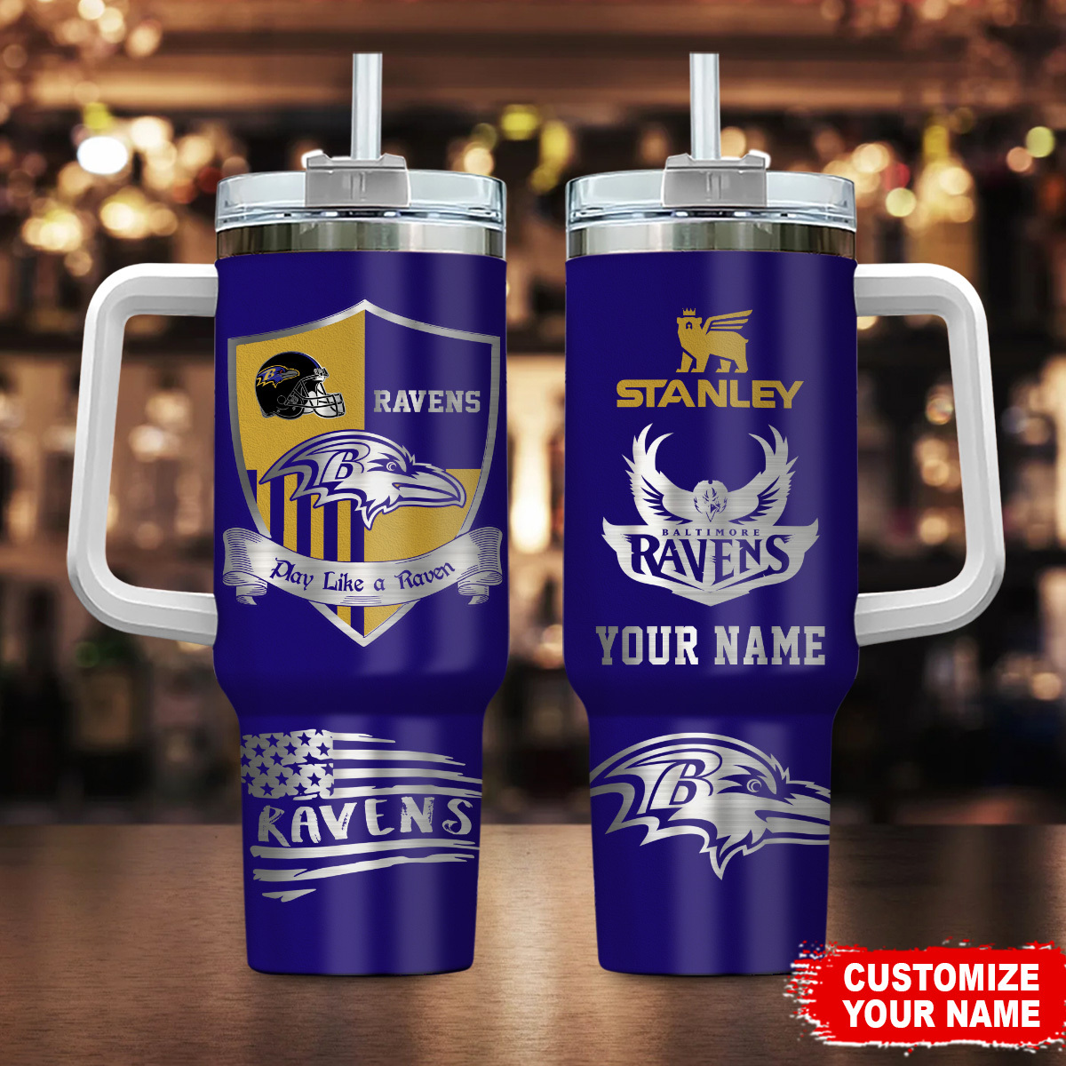 Customizable Ravens Tumbler Mug with Handle – Personalized Fan Gift