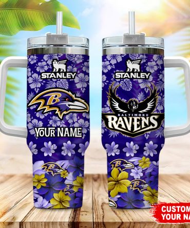Customizable Baltimore Ravens Floral Stanley Tumbler with Straw - Personalized Name