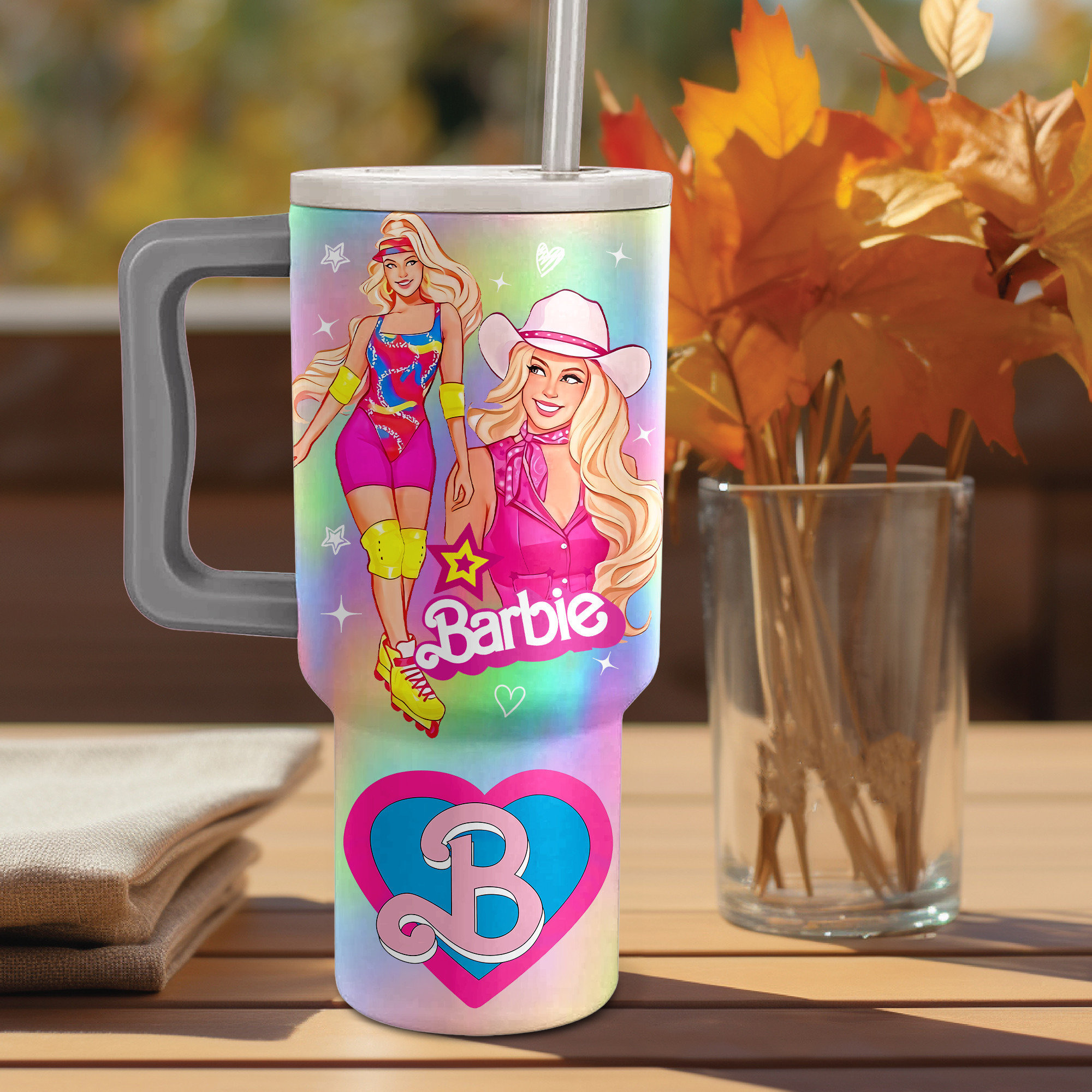 Vibrant Barbie Tumbler with Handle - Retro Glam Design - Image 3