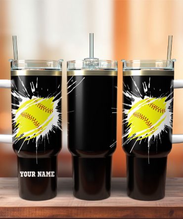 Custom Softball Tumbler with Handle & Straw - Personalized Name