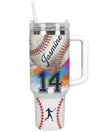 Personalized Baseball Tumbler with Handle & Straw - Custom Name & Number