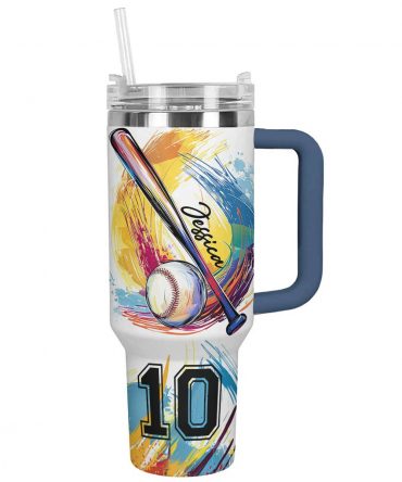 Personalized Baseball Tumbler with Handle & Straw - Custom Name & Number