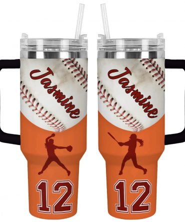 Custom Softball Tumbler with Handle - Personalized Name & Number