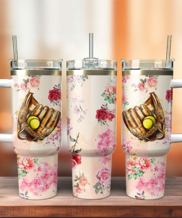 Floral Baseball Softball Tumbler with Straw & Handle - 40oz Insulated Travel Mug