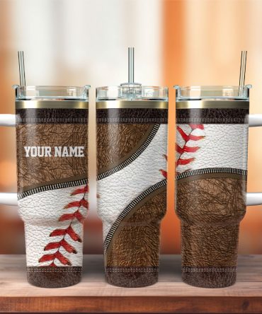 Personalized Baseball Leather Tumbler with Straw & Handle - Custom Name Gift