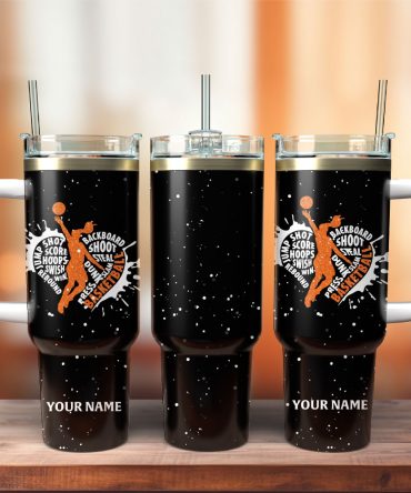 Personalized Basketball Travel Mug with Handle - Custom Name & Sports Design