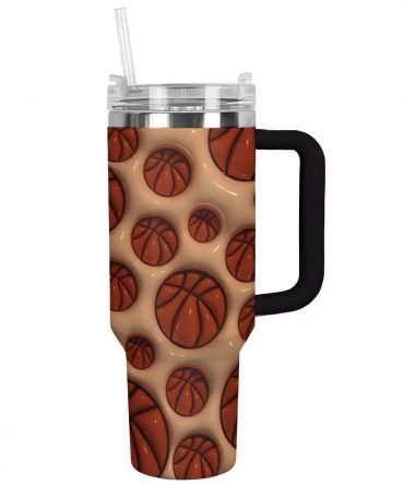 Basketball-Themed Insulated Tumbler with Handle & Straw - 40oz