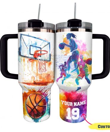 Customizable Basketball Art Tumbler with Handle - Personalized Sports Gift