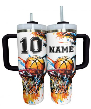 Personalized Basketball Tumbler with Handle & Straw - Custom Name & Number