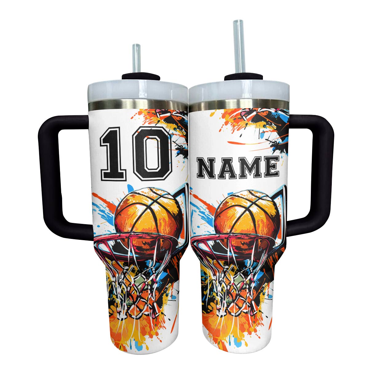 Personalized Basketball Tumbler with Handle & Straw - Custom Name & Number