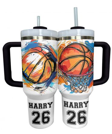 Custom Basketball Tumbler with Handle - Personalized Name & Number