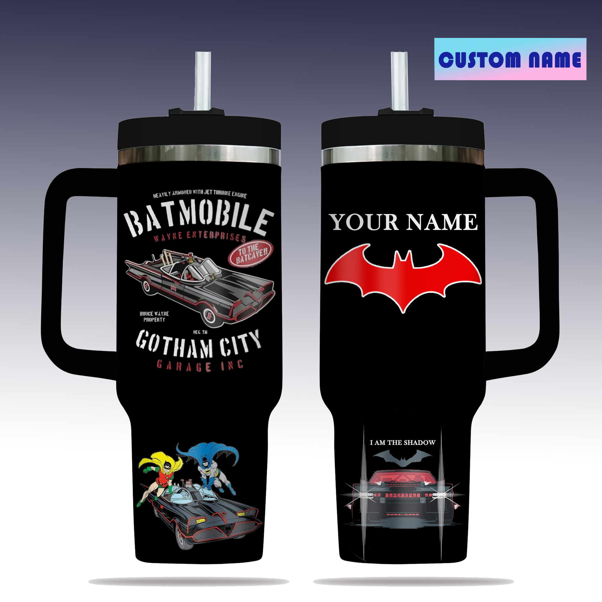 Customizable Batmobile Travel Mug with Personalized Name - Superhero Design