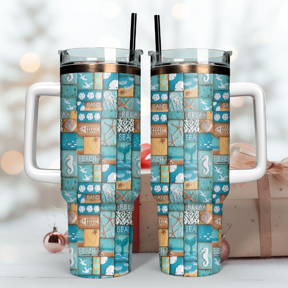 Beach-Themed Insulated Tumbler with Handle & Straw - Perfect for Hot & Cold Drinks - Image 3