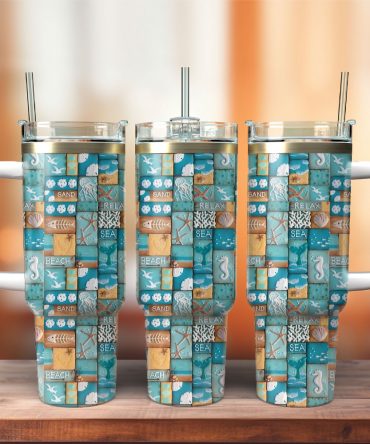 Beach-Themed Insulated Tumbler with Handle & Straw - Perfect for Hot & Cold Drinks