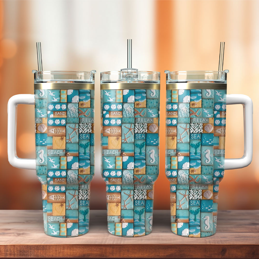 Beach-Themed Insulated Tumbler with Handle & Straw - Perfect for Hot & Cold Drinks