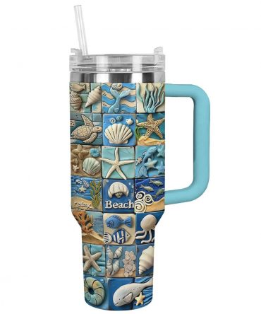Beach-Themed Insulated Tumbler with Straw - Ocean Adventure Design