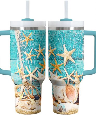 Ocean-Themed Insulated Tumbler with Handle and Straw - 40oz