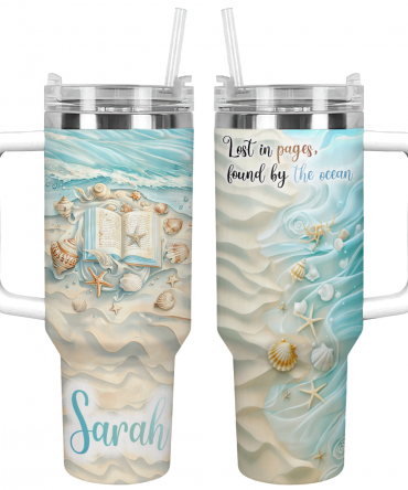 Personalized Beach-Themed Tumbler with Handle & Straw - Custom Name Gift