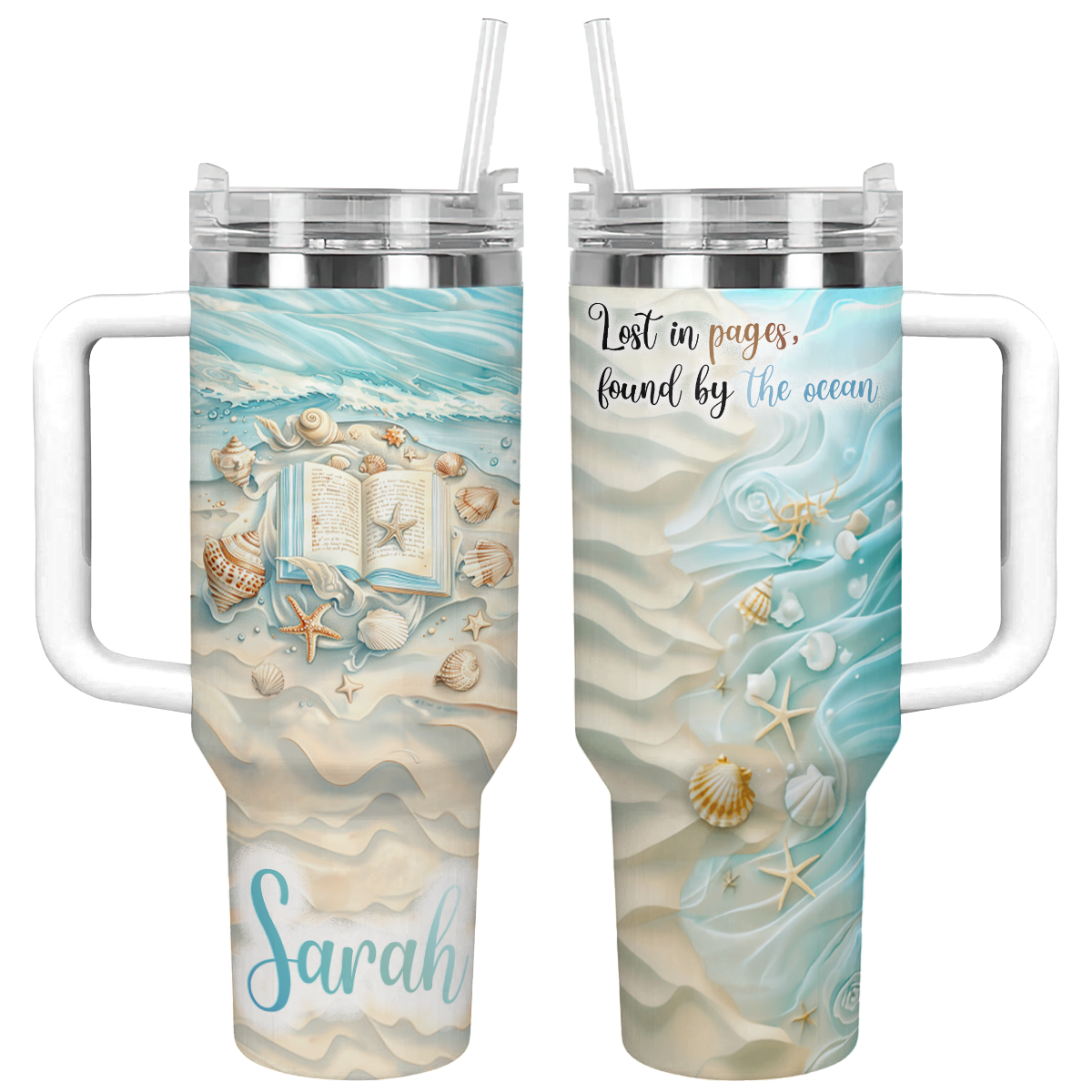Personalized Beach-Themed Tumbler with Handle & Straw - Custom Name Gift