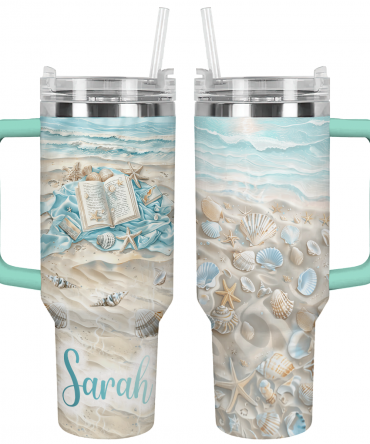 Personalized Seashell Beach Tumbler with Handle & Straw - Ocean Vibes