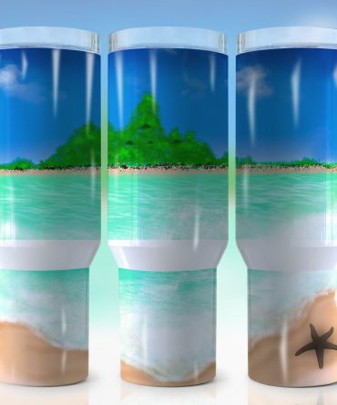 Tropical Paradise Insulated Travel Mug - Beach Scene Tumbler with Handle & Straw