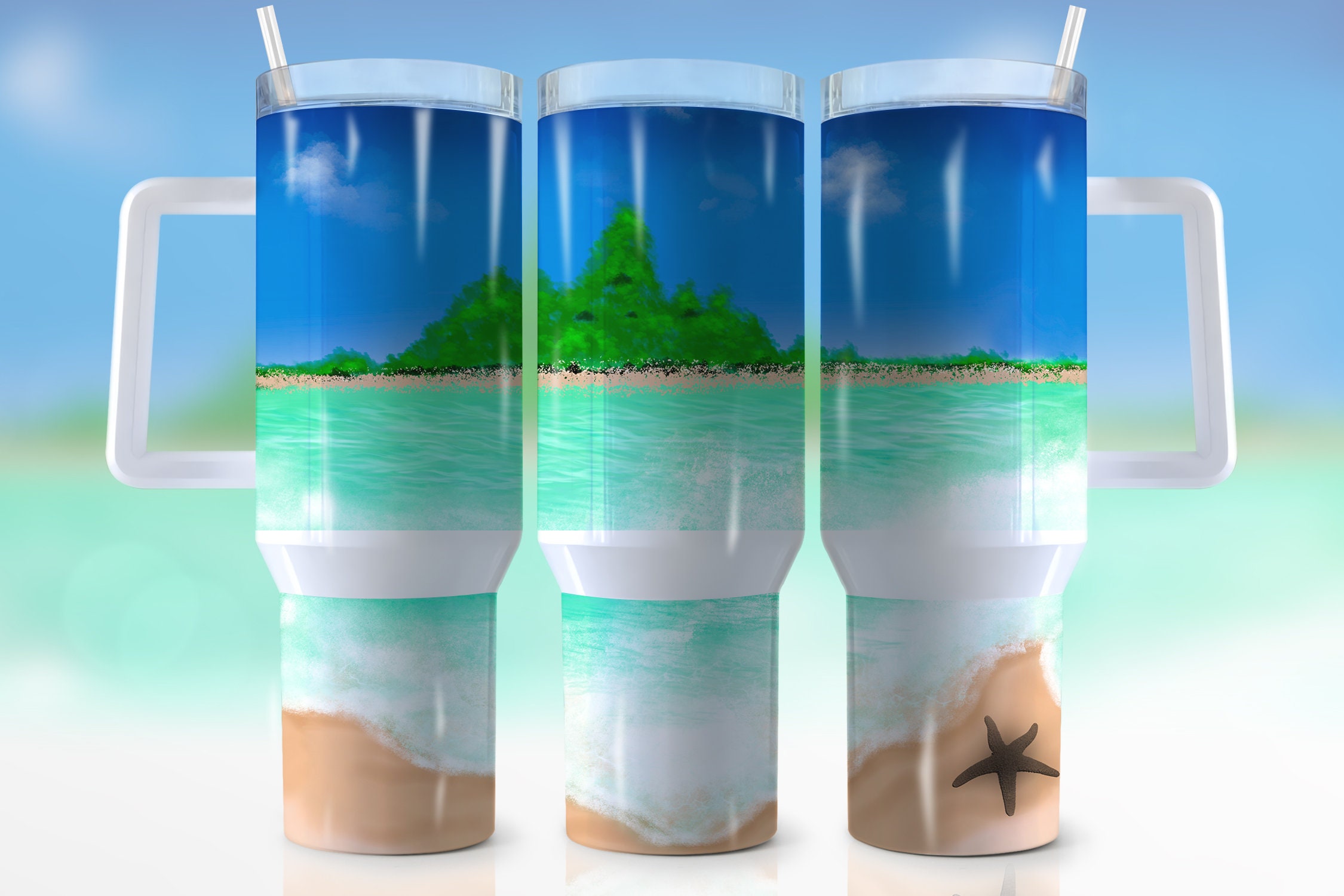 Tropical Paradise Insulated Travel Mug - Beach Scene Tumbler with Handle & Straw