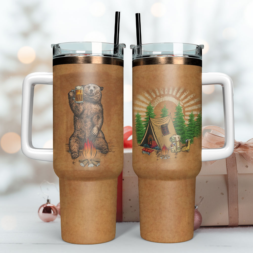Bear Campfire Adventure Mug - Insulated Travel Tumbler with Handle & Straw - Image 3