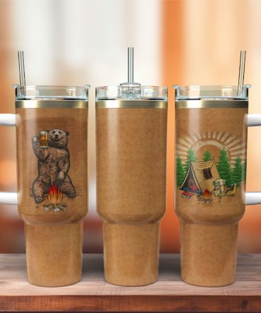 Bear Campfire Adventure Mug - Insulated Travel Tumbler with Handle & Straw