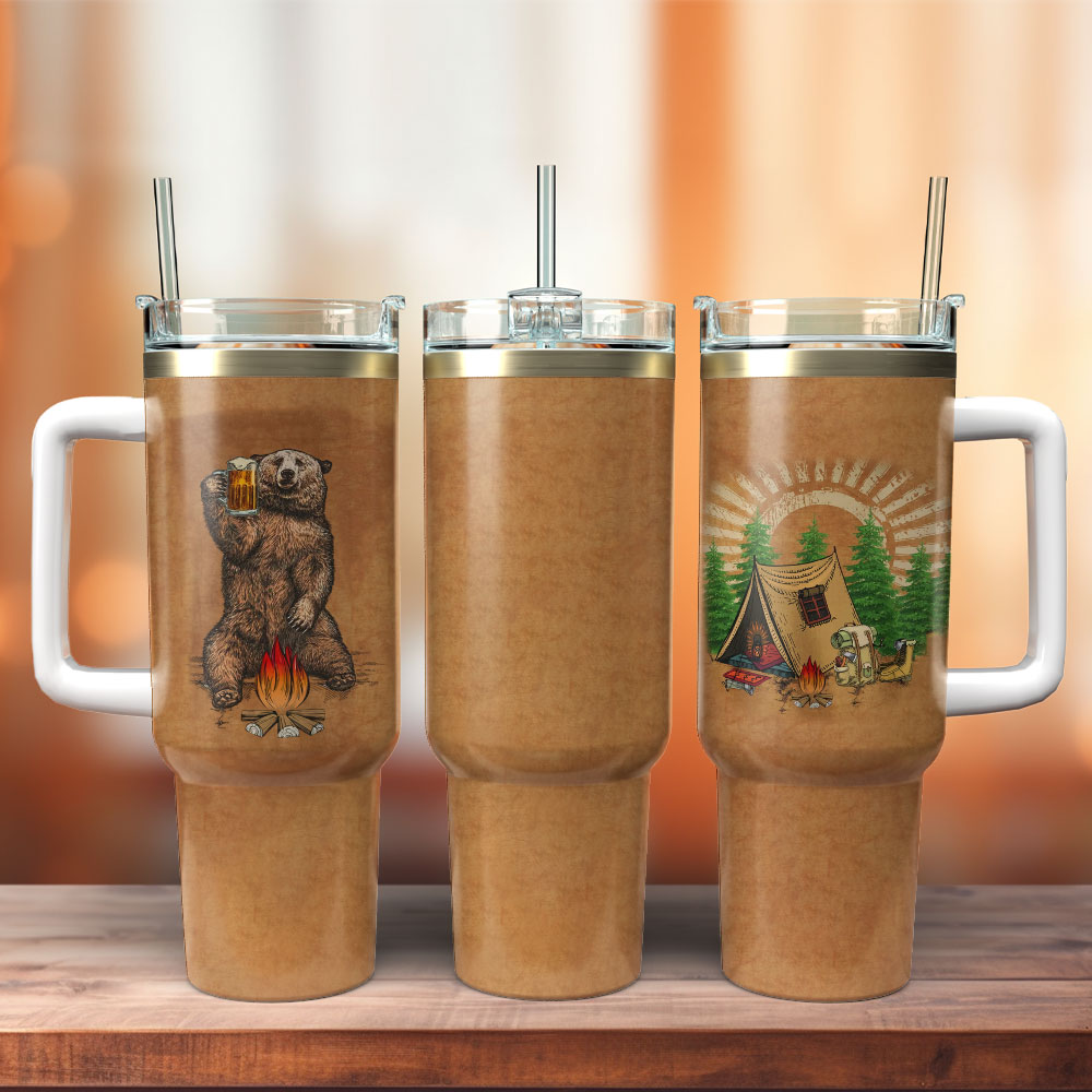 Bear Campfire Adventure Mug - Insulated Travel Tumbler with Handle & Straw