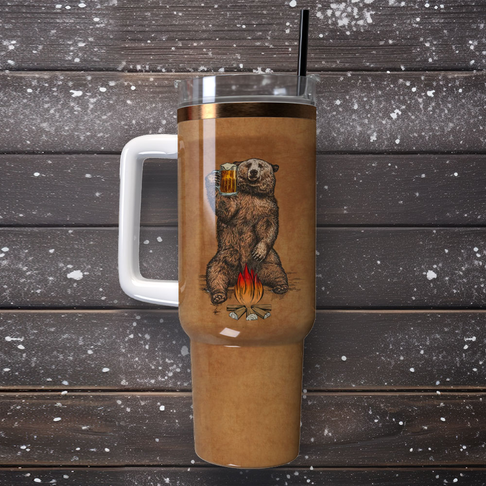 Bear Campfire Adventure Mug - Insulated Travel Tumbler with Handle & Straw - Image 4