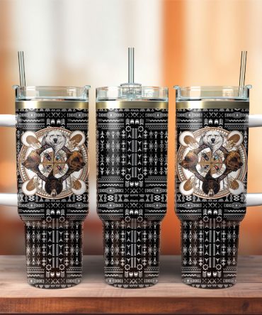 Tribal Animal Print Insulated Tumbler with Handle & Straw - Keeps Drinks Hot or Cold