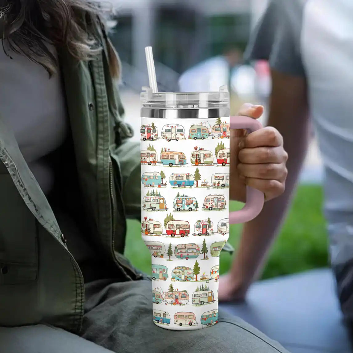 Vintage Camper Insulated Tumbler - 40oz Travel Mug with Handle & Straw - Image 2