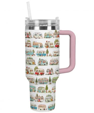 Vintage Camper Insulated Tumbler - 40oz Travel Mug with Handle & Straw