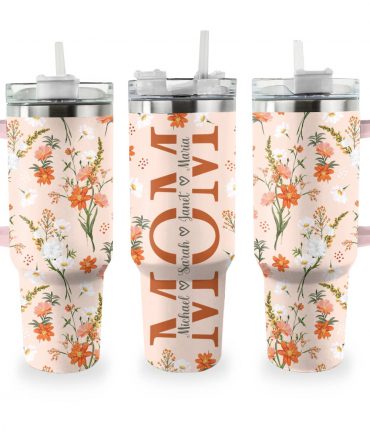 Personalized Floral Mom Tumbler with Handle - Custom Names Gift Mug