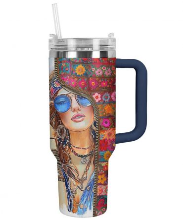 Colorful Boho Chic Insulated Travel Tumbler with Handle & Straw