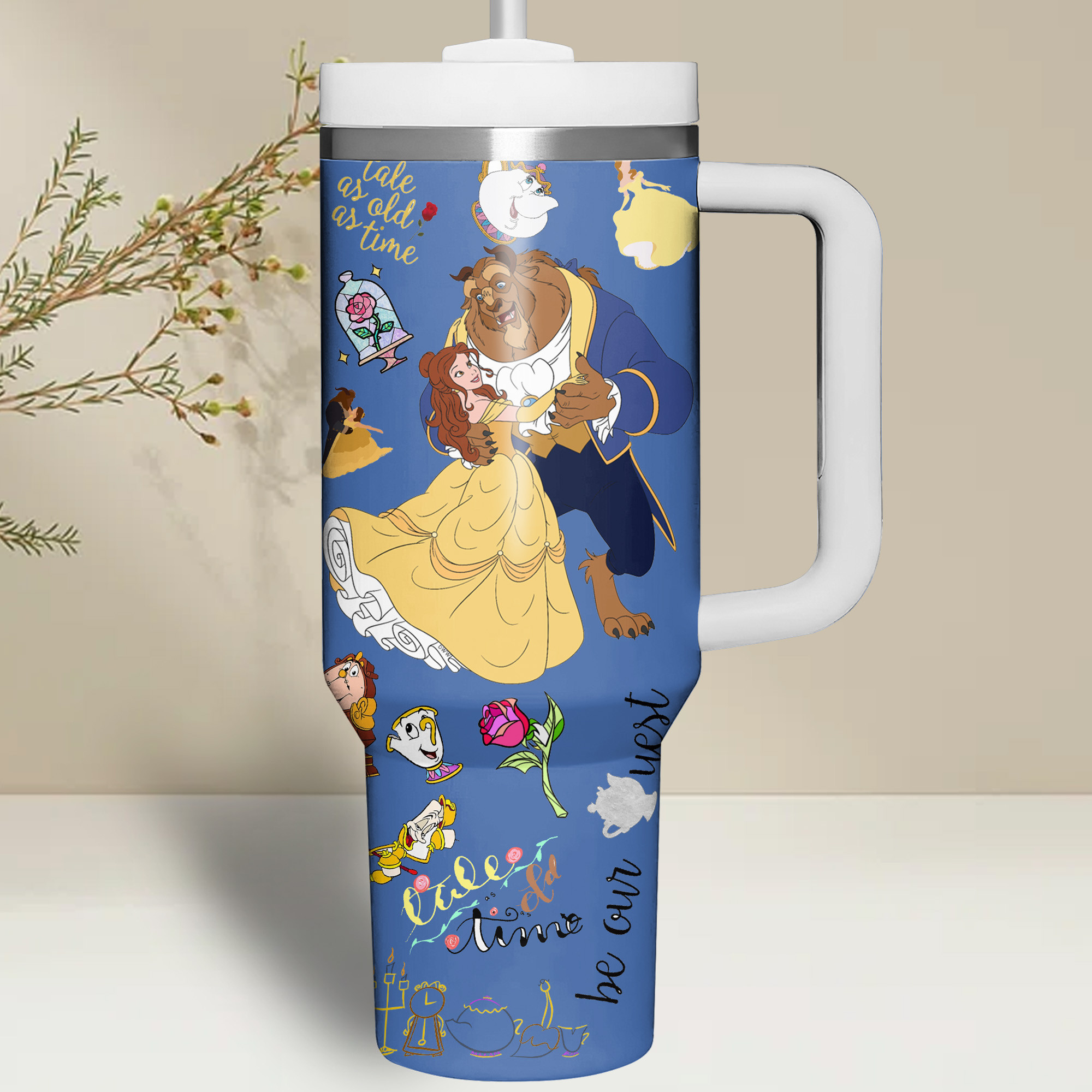 Beauty and the Beast Themed Travel Mug with Handle - Enchanting Design - Image 3