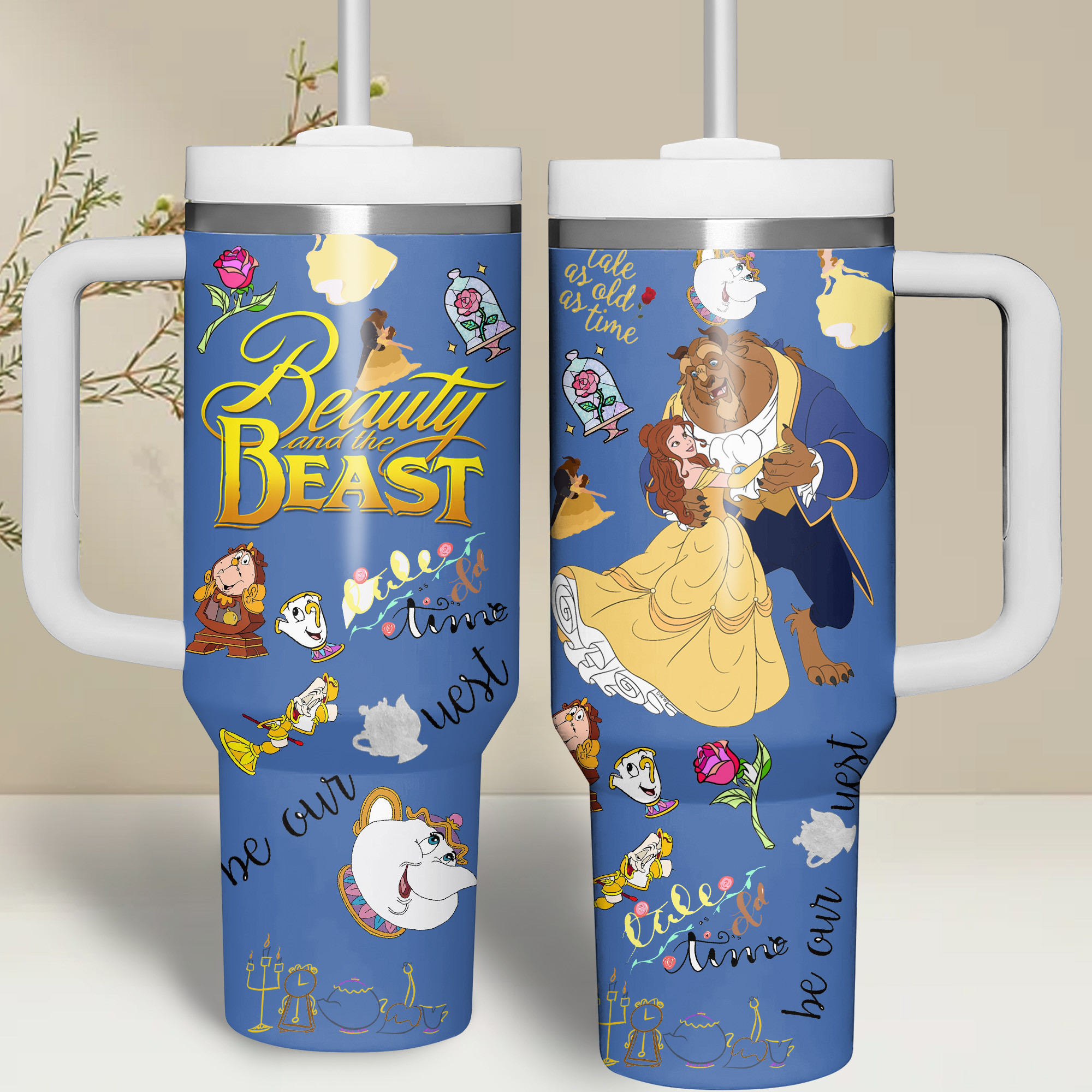 Beauty and the Beast Themed Travel Mug with Handle - Enchanting Design