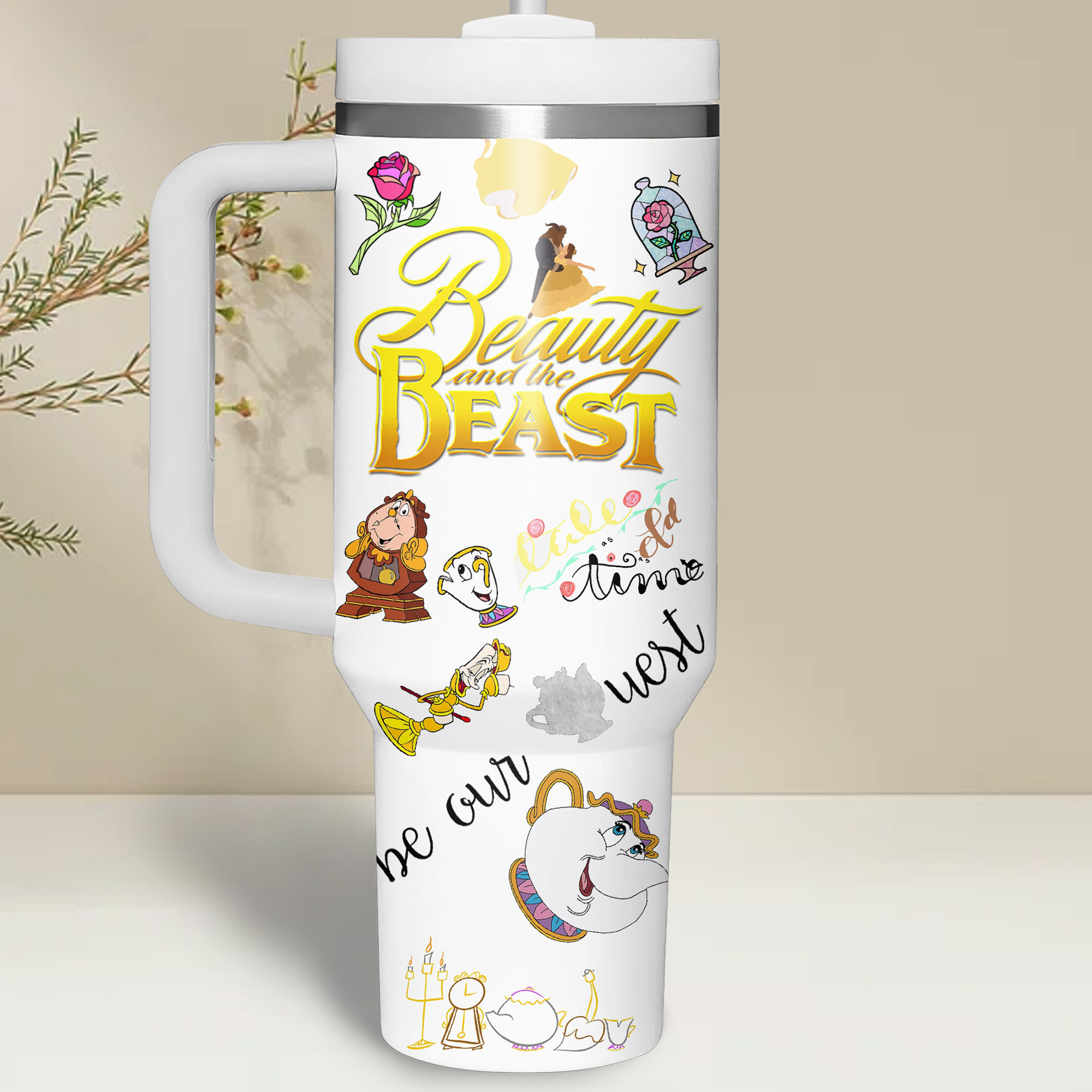 Beauty and the Beast Themed Travel Mug with Handle - Enchanting Design - Image 5