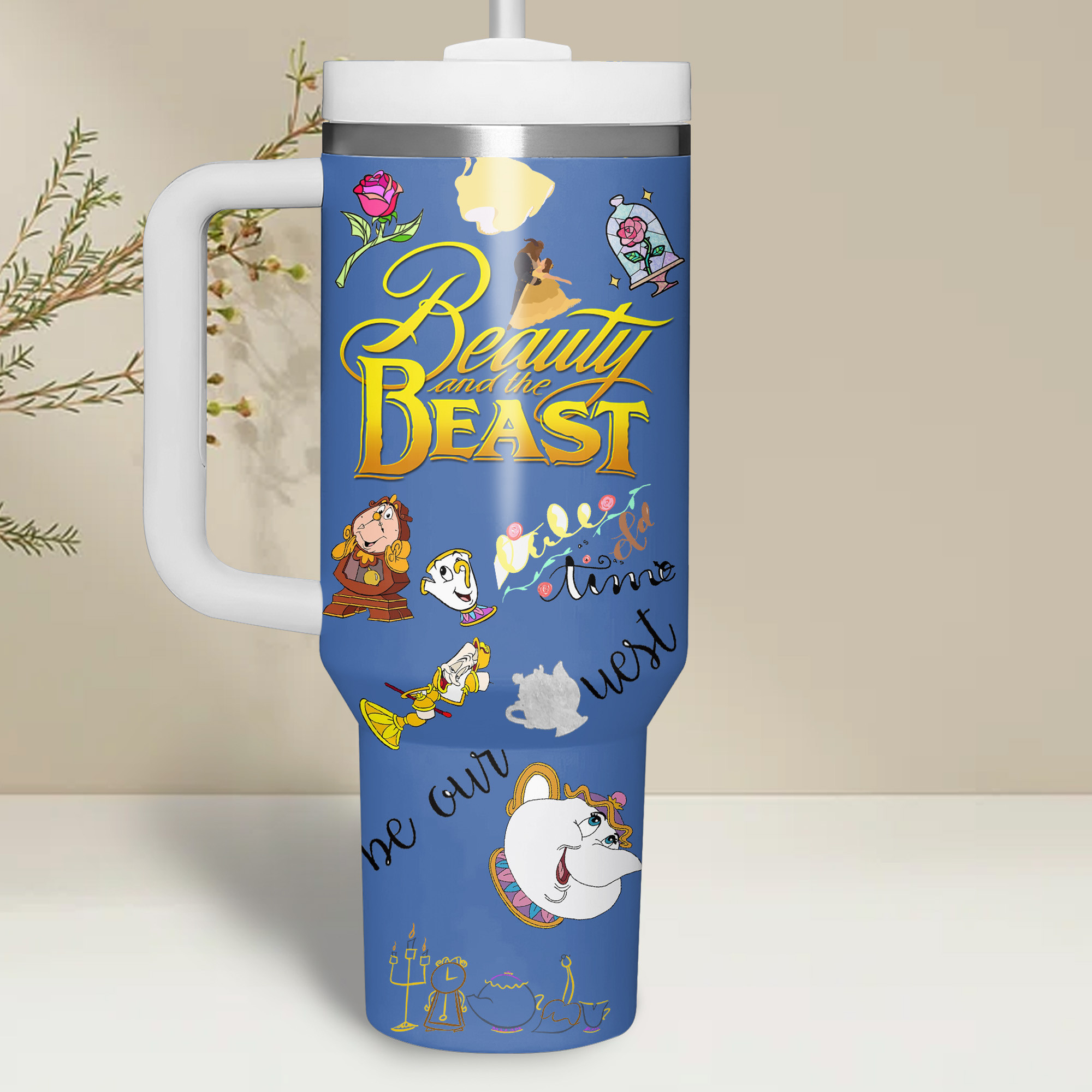 Beauty and the Beast Themed Travel Mug with Handle - Enchanting Design - Image 2