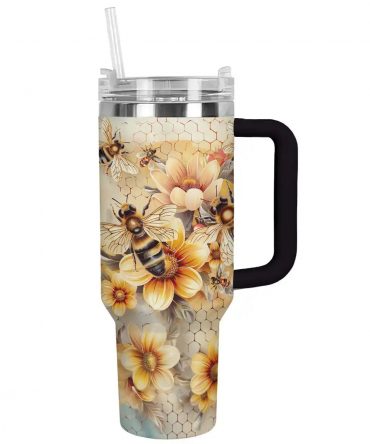 Eco-Friendly Bee & Flower Insulated Travel Mug with Handle & Straw