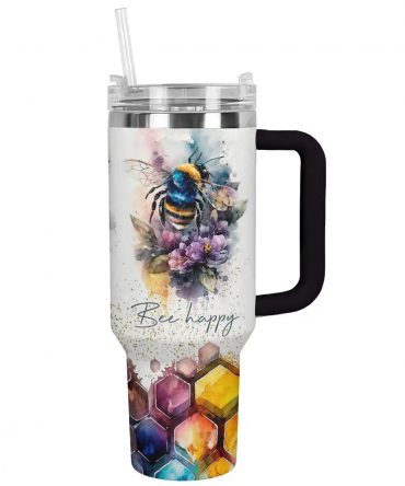 Colorful Bee Happy Travel Mug with Handle - 40oz Insulated Tumbler