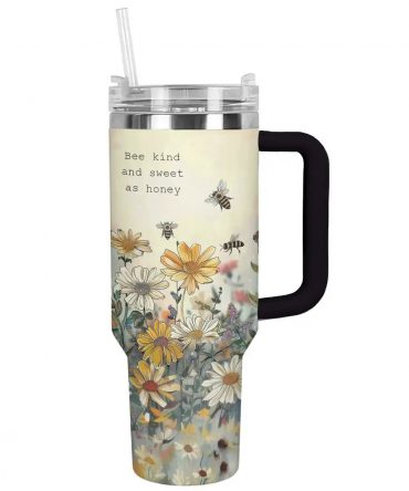 Bee Kind Floral Travel Mug with Straw - 40oz Insulated Tumbler for Hot & Cold Drinks