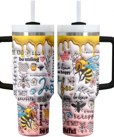Colorful Bee-Themed Insulated Tumbler with Handle & Straw - Stay Sweet & Inspired