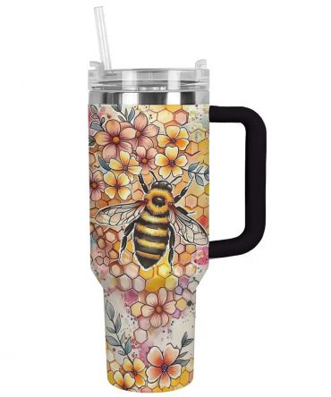 Floral Bee Insulated Tumbler with Handle & Straw - Eco-Friendly Travel Mug