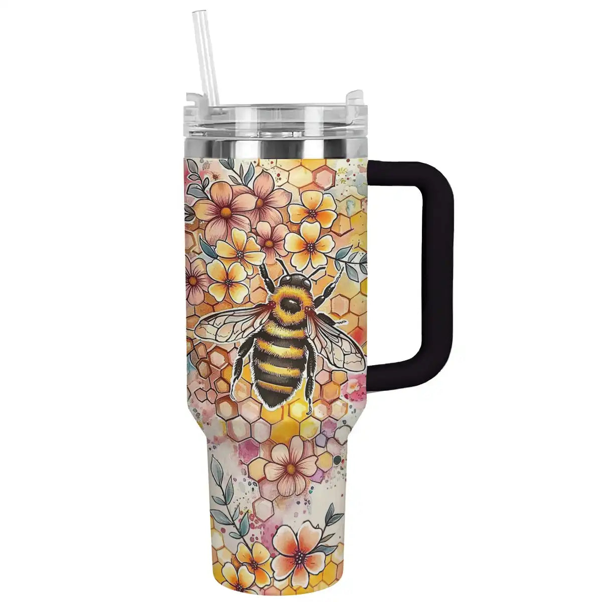 Floral Bee Insulated Tumbler with Handle & Straw - Eco-Friendly Travel Mug - Image 2